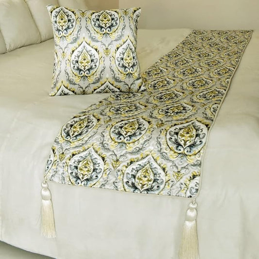 The HomeCentric King/Queen/Twin Grey & Yellow Designer Full 68"x18" Bed Runner Without Pillow Cover, Quilted, Damask & Tassels Bed Scarf on Jacquard Fabric - Flamey Damask