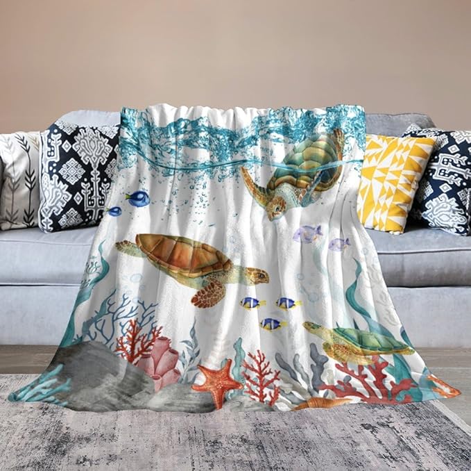 Sea Turtle Throw Blanket, Teal Blue Ocean Underwater Animal Starfish Fish Nautical Coastal Theme Fleece Flannel Blanket for Couch Sofa Bedroom Adults Kids, 50"x60"