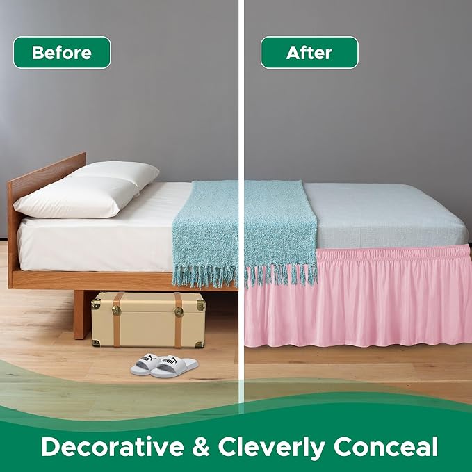 Biscaynebay Wrap Around Bed Skirts for Full & Full XL Beds 15" Drop, Pink Adjustable Elastic Dust Ruffles Easy Fit Wrinkle & Fade Resistant Silky Luxurious Fabric Machine Washable