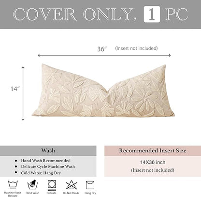 BlissBlush Light Beige Velvet Decorative Long Lumbar Pillow Cover 14x36, Neutral Floral Soft Body Pillow for Bed, Accent Lumbar Throw Pillow for Bedroom, Modern Farmhouse Textured Pillowcase
