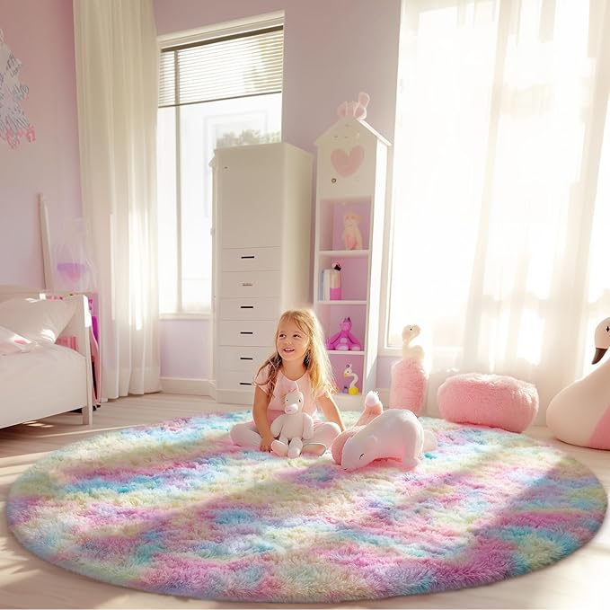 Ophanie Round Rug 6Ft Rainbow Circle Area Rug, Cute Room Decor for Teen Girls, Fluffy Fuzzy Bedroom Carpet, Plush Soft Shaggy Living Room Rugs for Kids Home Decor Aesthetic, Nursery