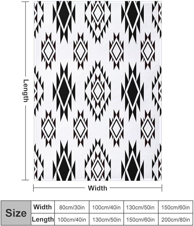 Boho Throw Blanket, Black and White Native Blankets, Vintage Tribal Aztec Printed Flannel Blanket for Chair Bed Sofa Couch 30"x40"