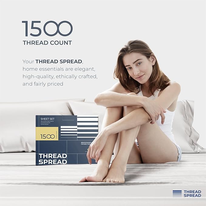 THREAD SPREAD 100% Egyptian Cotton Sheets Queen Size - 1500 Thread Count 4 PC Damask Sheet Set Egyptian Cotton, Sateen Luxury Sheet Queen Size, Soft Sateen Sheets, 17" Deep Pocket - White Stripe