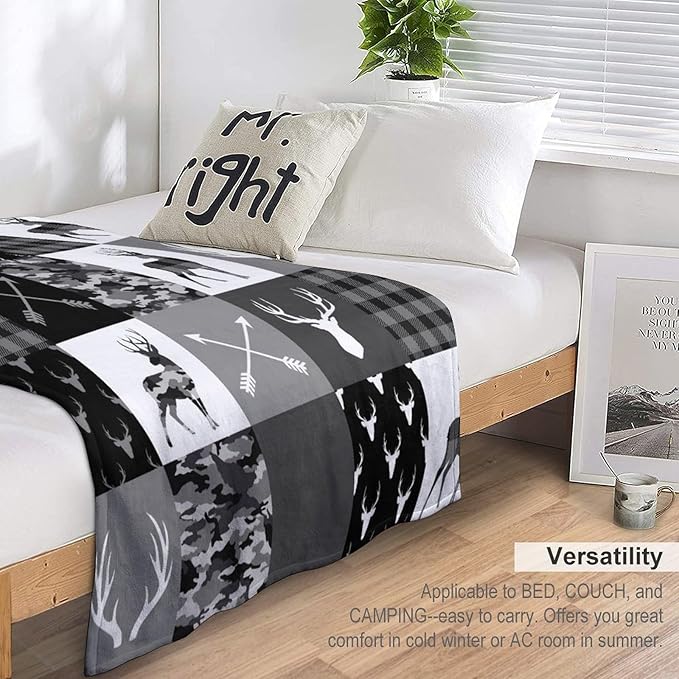 Rustic Cabin Throw Blanket, Farmhouse Grey Camouflage Deer Vintage Country Hunting Wildlife Blanket Throw for Bed Camping Travel Living Room Bedroom, 40"x50"