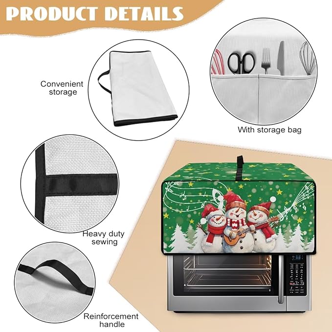 Air Fryer Toaster Oven Cover Fabric Convection Oven Cover with Pockets, Small Appliance Dust Protection for Christmas, S, 14.5 x 18.5 x 9 Inches, Snowman Guitar Musical Note Star Green