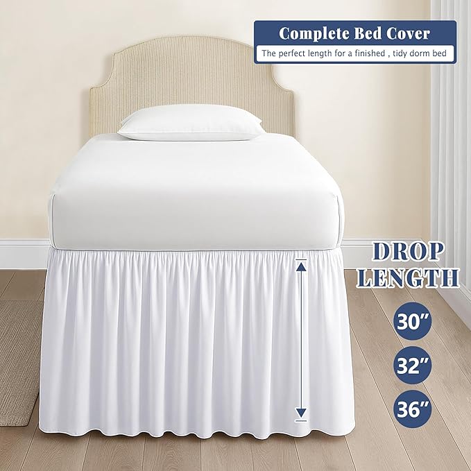 Dorm Bed Skirt Twin XL 32 Inch Drop, 100% Microfiber Extra Long College Dust Ruffle Bedskirt for Adjustable Beds, Elastic Wrap Around Design, White