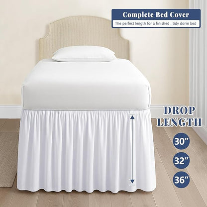 Dorm Bed Skirt Twin XL 30 Inch Drop, 100% Microfiber Extra Long College Dust Ruffle Bedskirt for Adjustable Beds, Elastic Wrap Around Design, White