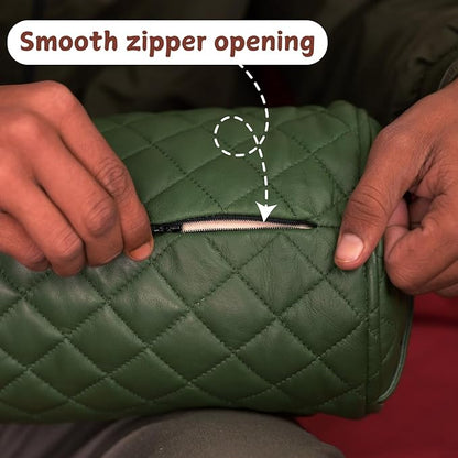 Neck Roll Pillow Cushion Cover, 24x6 Inch Full Moon Round Bolster Pillow Case, Cylinder Soft Lambskin Leather Pillowcase for Head, Spine & Neck Support During Sleep - Quilted Dark Green Pack of 2