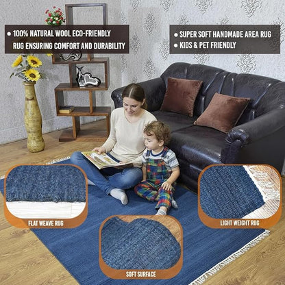 Rugsotic Carpets Hand Woven Flat Weave Kilim Wool ECO-Friendly Area Rugs - 7'x9', Rectangle Shape, Blue Color, Solid Plain Design, Low Pile Handmade Area Rugs for Living Room, Bed Room (D00111)