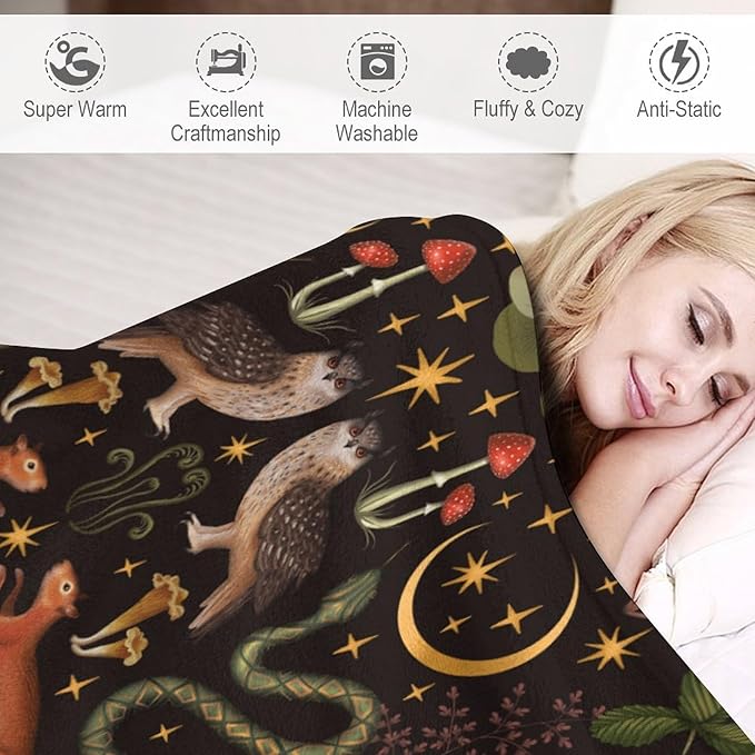 Rustic Forest Throw Blanket, Fairy Tale Forest Land Wild Animals Moths Flowers Moon Star Soft Flannal Blanket for Adult Kids Bed Couch Sofa, 30"x40"