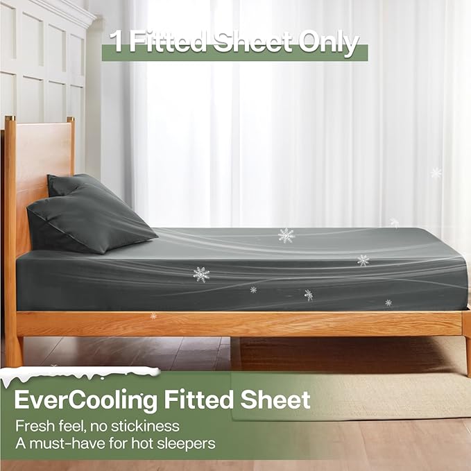 MR&HM Twin Fitted Sheet Only, Ultra-Soft Rayon Derived from Bamboo & Polyester Blend, Silky & Breathable, 15" Deep Pocket with Elastic Straps, Cooling Fitted Sheet for Hot Sleepers, Dark Grey