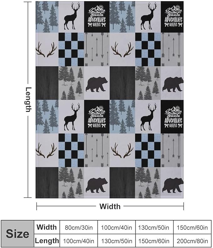Bear Cabin Plaid Blanket, Rustic Retro Bear Deer Patchwork Gray Blue Farmhouse Throw Blanket for Couch Bed Living Room, 60"x80"