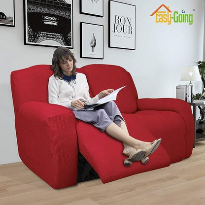 Easy-Going 6 Pieces Recliner Loveseat Stretch Sofa Slipcover Sofa Cover Furniture Protector Couch Soft with Elastic Bottom Kids, Spandex Jacquard Fabric Small Checks Christmas Red