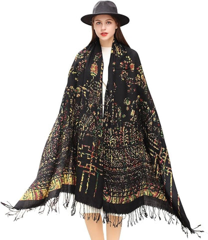 DANA XU 100% Merino Wool Pashmina Shawl for Women 96"x43", Oversized Cashmere Wrap with Tassels, Floral Travel Blanket Cape