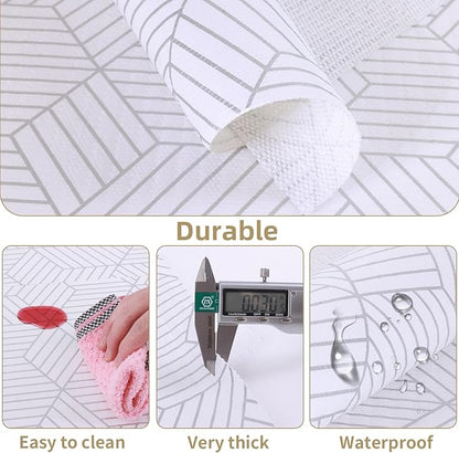 Shelf Liners for Kitchen Cabinets Non Adhesive Shelf Liner Paper Non-Slip Thickened Drawer Liner Easy to Clean for Tool Box Refrigerator with Knife and Tape Measure, Silver Geometric, 11.8 x 118 in