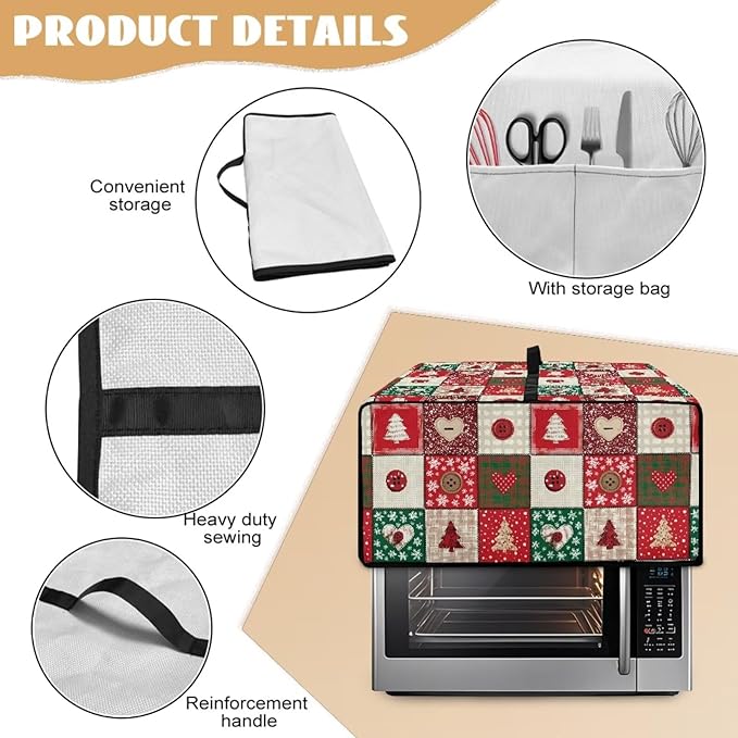 Christmas Holiday Decor Toaster Oven Cover Countertop Convection Oven Cover Smart Microwave Oven Accessories and Decor, L, 18.5 x 22.5 x 13 Inches, Christmas Patchwork Print Red Green