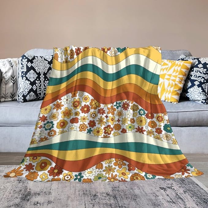 70s Retro Floral Throw Blanket, Boho Groovy Wavy Geometric Hippie Cute Flowers Yellow Orange Abstract Print Blanket for Holiday Theme Home Decor Bedding Couch and Gift 40"x50"
