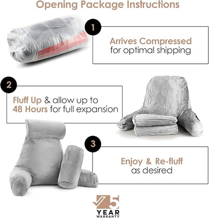 Nestl Reading Pillow with Shredded Memory Foam Includes 2 Neck and Lumber Support Pillows, Designed for Sitting Up in Bed and Couch, Back and Arms Adjustable Support for Adult & Teens, Light Grey