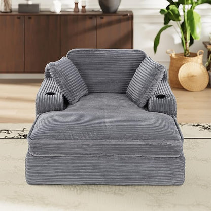 67" Chaise Lounge Chair Indoor, Cozy Oversized Fluffy Sofa with Cup Holders & Throw Pillows, Boneless Sleeper Cloud Couch for Living Room, Movie Room and Apartments, Grey