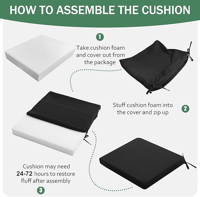 Outdoor Chair Cushions Set of 4: Waterproof & Fade Resistant Deep Seat Cushion for Patio Furniture - 24 x 24 x 3 Inch Chair Pads with Ties and Hidden Zipper - Patio Chair Cushion Replacement, Black