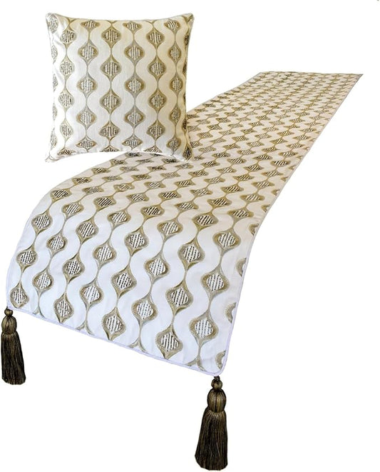 The HomeCentric King/Queen/Twin Beige Decorative Bed Runner Twin 53"x18" Bed Runner with One Pillow Cover, Embroidery, Geometric, Beaded Hand Embroidery Bed Scarf on Linen Fabric - Mahsa