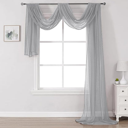 DONREN Grey Window Scarf for Background - Luxury Soft Sheer Scarf Add to Window Curtains for Enhanced Effect (34 by 216 Inch,1 Pack)