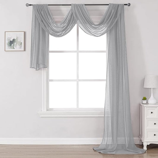 DONREN Grey Window Scarf for Background - Luxury Soft Sheer Scarf Add to Window Curtains for Enhanced Effect (34 by 216 Inch,1 Pack)