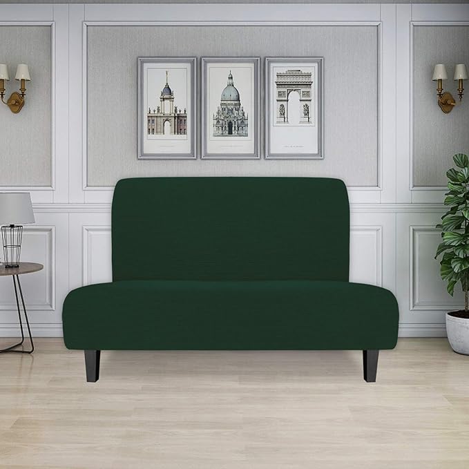 Easy-Going Stretch Futon Slipcover Armless Futon Bed Cover Furniture Protector Without Armrests with Elastic Bottom for Kids, Soft Jacquard Fabric Small Checks (Medium, Dark Green)
