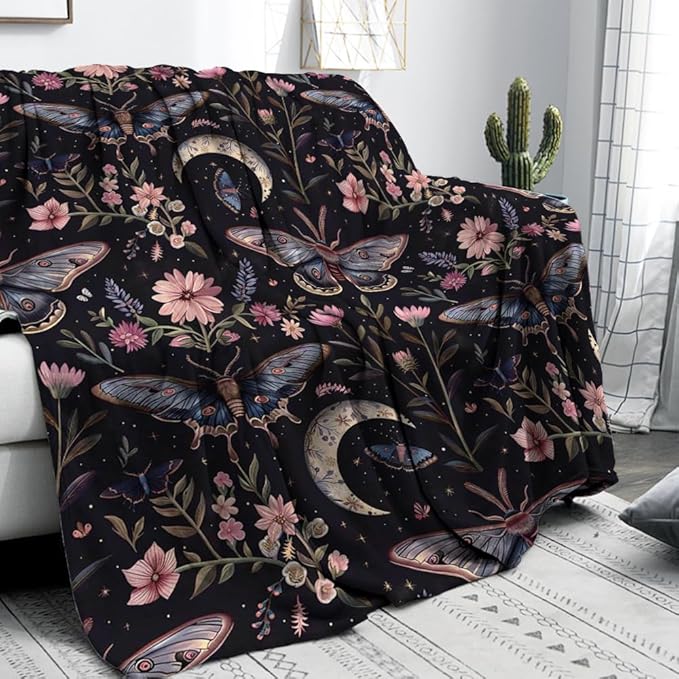 Moon Moth Throw Blanket 60"x80" Soft Cozy Lightweight Flannel,Mystical Night Garden Botanical Celestial Blankets Gifts for Women Gothic Witchy Blanekts for Couch Office Travel Home Decor