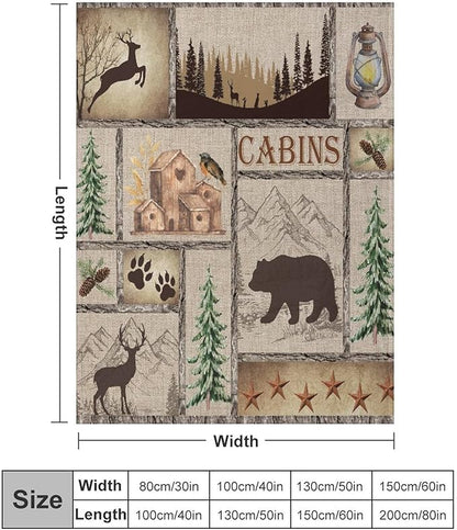Rustic Cabin Bear Blanket, Lake Country Lodge Bear Deer Forest Farmhouse Camp Print Soft Warm Cozy Lightweight Decorative Blanket for Couch Bed Sofa Travel, 60"x80"