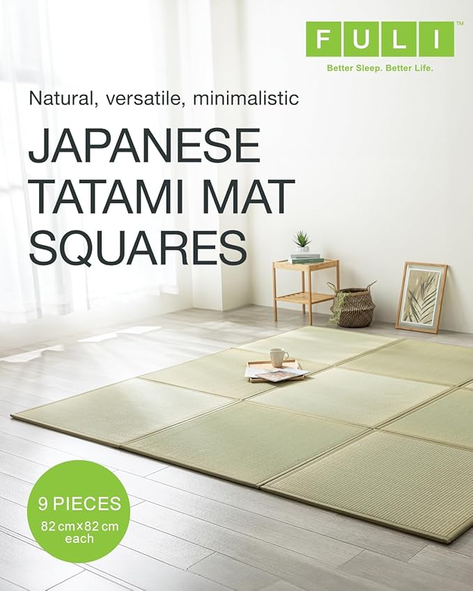 FULI Japanese Square Tatami Rug, Lightweight Igusa Mat (Japanese Rush Grass), Made in Japan (Natural, 9 Pieces)