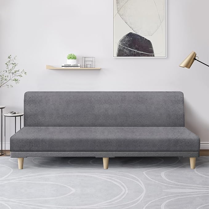 molasofa Leather Like Stretch Futon Slipcover Armless Futon Bed Sofa Cover Furniture Protector with Elastic Bottom, Soft and Washable Futon Cover for Sofa Bed Stay in Place（X Larger，Light Grey）