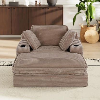 67" Chaise Lounge Chair Indoor, Cozy Oversized Fluffy Sofa with Cup Holders & Throw Pillows, Boneless Sleeper Cloud Couch for Living Room, Movie Room and Apartments, Camel