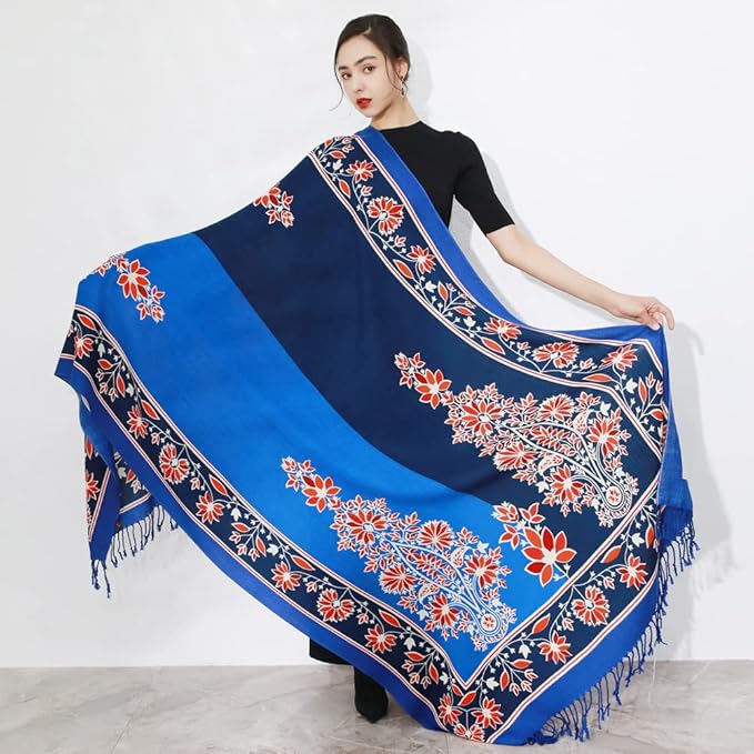 DANA XU 100% Merino Wool Pashmina Shawl for Women 96"x43", Oversized Cashmere Wrap with Tassels, Floral Travel Blanket Cape