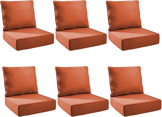 Outdoor Cushion Set for Furniture Patio Furniture, UV Resistant, Water Resistant - 6 Inch Thick Foam Garden Cushions– 24x24 Inch Patio Seat Covers for Chair/Sofa/Couch | Orange | 6-Pack |