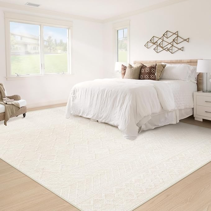 5x7 Area Rug Living Room: Washable Boho Geometric Moroccan Rug Neutral Modern Farmhouse Indoor Soft Non Slip Ultra Thin Printed Pattern Carpet for Dining Room Bedroom Nursery Home (Beige, 5'x7')