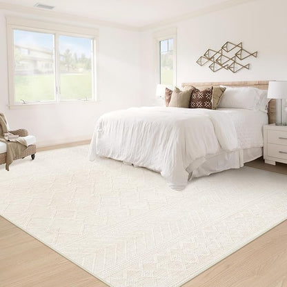 5x7 Area Rug Living Room: Washable Boho Geometric Moroccan Rug Neutral Modern Farmhouse Indoor Soft Non Slip Ultra Thin Printed Pattern Carpet for Dining Room Bedroom Nursery Home (Beige, 5'x7')