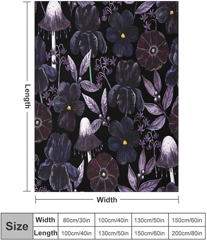 Gothic Floral Blanket, Vintage Abstract Black Purple Peony Flowers Mushroom Print Throw Blanket for Room Bedding Couch Decor Soft Lightweight Warm Cozy, 60"x80"