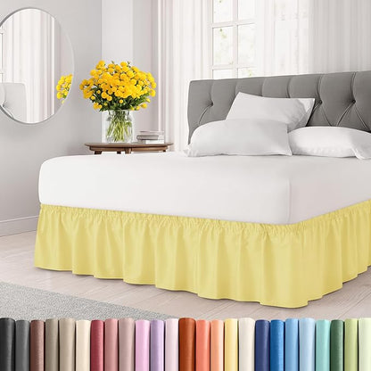 Wrap Around Dust Ruffle Bed Skirt - Yellow - for King Size Beds with 24 Inch Drop - Easy Fit Elastic Strap - Adjustable Pleated Bedskirt w/Brushed Fabric - Wrinkle Free - for Women, Men, Kids & Teens