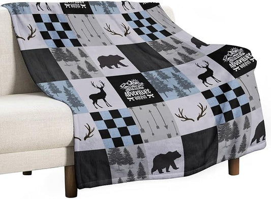 Bear Cabin Plaid Blanket, Rustic Retro Bear Deer Patchwork Gray Blue Farmhouse Throw Blanket for Couch Bed Living Room, 60"x80"