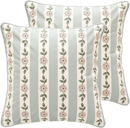 Square Throw Pillow Covers Pack of 2,Green Cozy Velvet Farmhouse with Flowers and Leaves Pattern Pillowcases,Decoration Pillows Cushion Covers for Couch Sofa Bed Car Chair,18"x18"