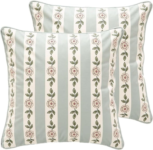 Square Throw Pillow Covers Pack of 2,Green Cozy Velvet Farmhouse with Flowers and Leaves Pattern Pillowcases,Decoration Pillows Cushion Covers for Couch Sofa Bed Car Chair,18"x18"