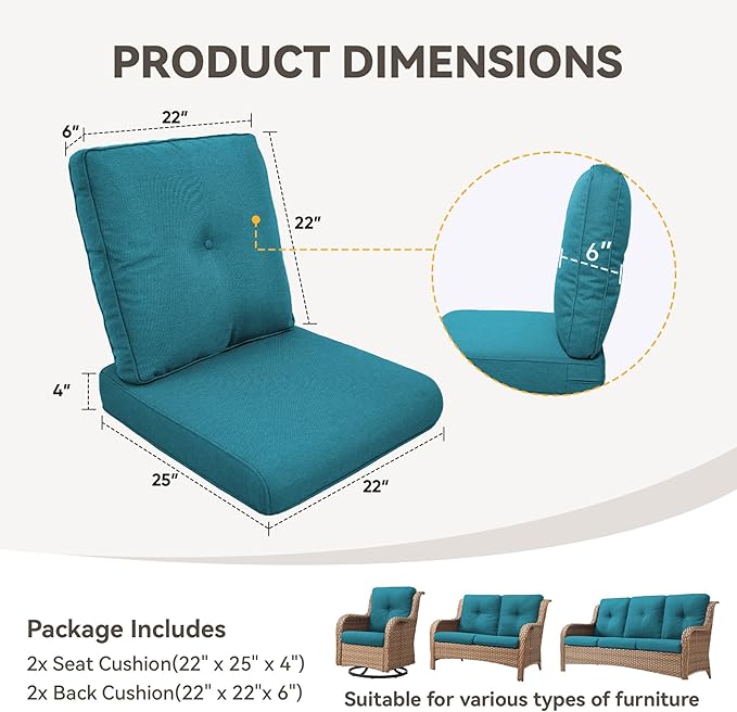 Patio Cushions for Outdoor Furniture - 22" x 25" x 4" UV Resistant Thick Foam Cushions Water Resistant Replacement Cushion for Outdoor Patio Furniture Chair/Sofa/Couch | Peacock Green | 2-Pack |