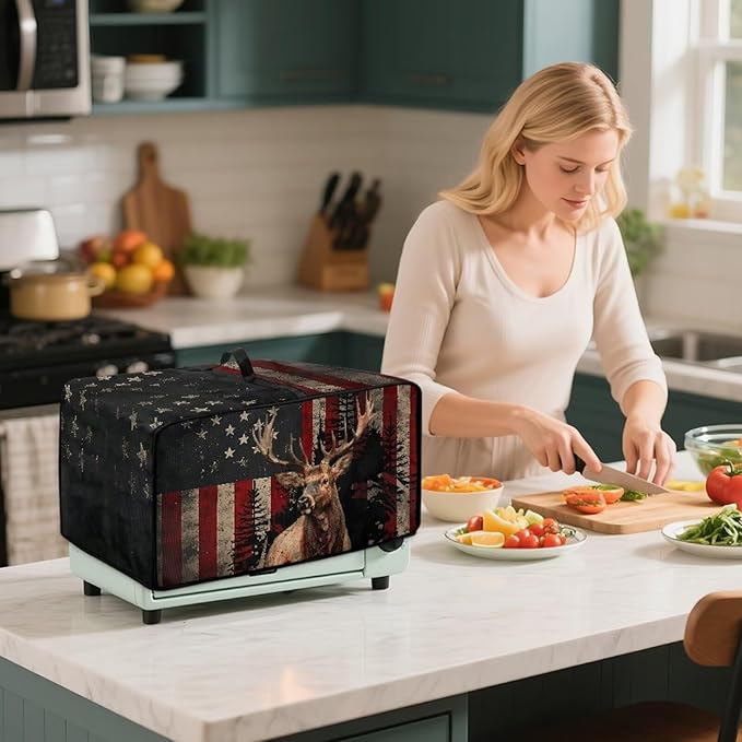 Vintage Deer Elk Print Microwave Oven Cover Waterproof Dust Cover for Microwave Oven American Flag Forest Print Universal Small Appliance Dust Covers Dirt and Fingerprint Protection, M
