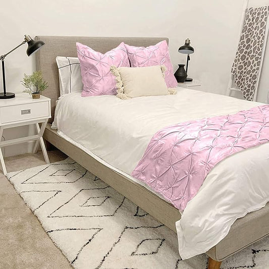 Bed Runner Set - 100% Pure Cotton 800 Thread Count - Luxury 1 Pinch Pleated Bed Runner and 2 Pillow Cover - 3 Piece Pinch Pleated Bed Runner Set Twin, Pink