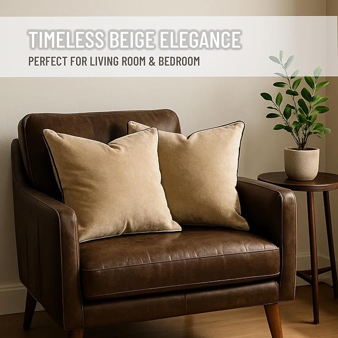 2 Pack Velvet Decorative Throw Pillow Covers, 20"x20", Beige and Brown, Solid, Modern, Contrast Piping, Indoor Use, Bedroom & Living Room