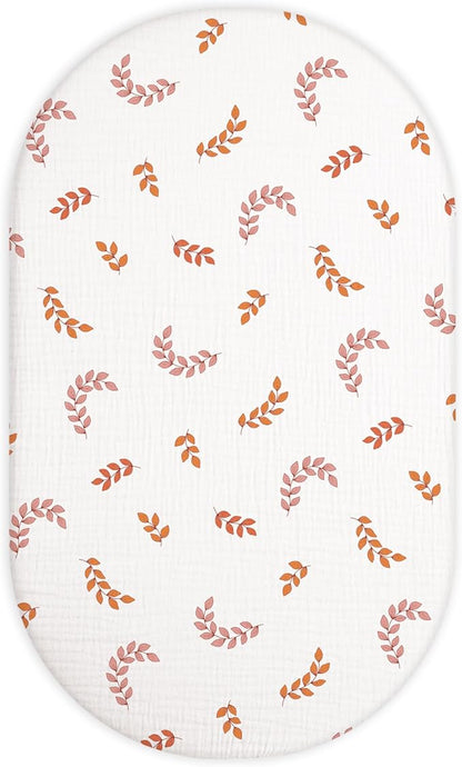 Bassinet Sheet for Baby Boy and Girl, Fitted Sheets for Rectangle, Oval, Hourglass Bassinet Mattress, Muslin Moses Basket Sheets with Neutral Style (Leaf)