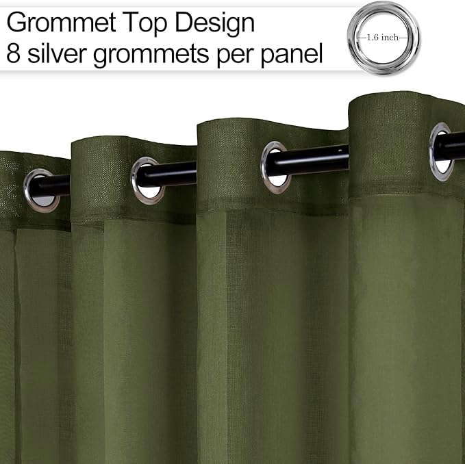 XWZO Sheer Curtains 84 Inches Length 2 Panels for Bedroom, Grommet Light Filtering Semi Transparent Voile Window Curtains for Living Room, Basement with Tiebacks, Olive Green, 52 x 84 Inches Long