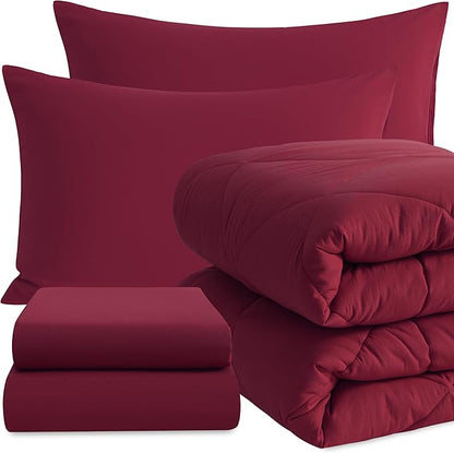 NTBAY Twin Comforter Set with Sheets, 5 Pieces Soft and Breathable Twin Bedding Set, Twin Bed in a Bag, Down Alternative Comforter Set Solid Color All Season, Kids Bedding Set, Wine Red