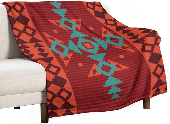 Aztec Throw Blanket, Red Native Southwestern Boho Blanket for Couch Bed Chair Outdoor Travel 50"x60"